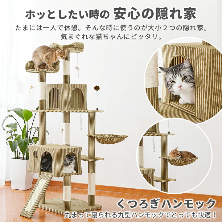 AIFY キャットタワー Bタイプ 据え置き 消臭 W53×D48×H167 スリム ベージュ グレー ストライプブラウン