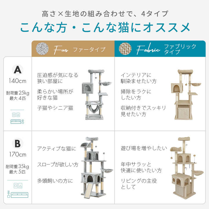 AIFY キャットタワー Bタイプ 据え置き   ファブリック　ファー グレー ベージュ他